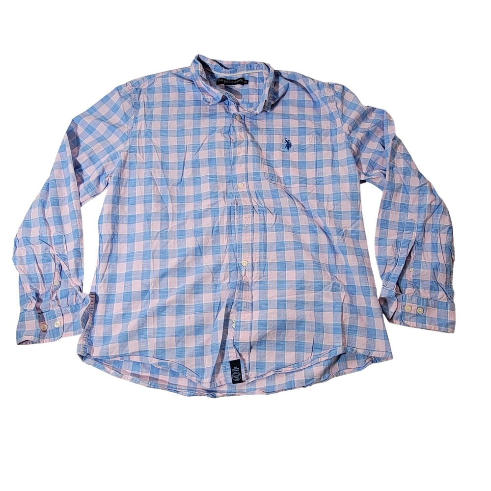 US Polo Assn Mens XL Pink Blue Gingham Plaid Long Sleeve Button Down Shirt